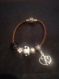 Brown Corded Bracelet With Double Heart & Beads - Picture 1 of 1