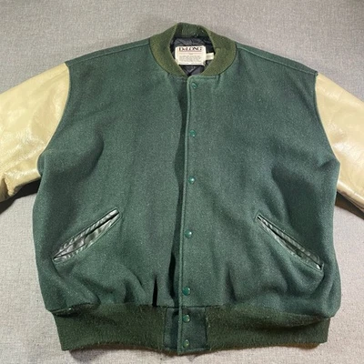 Vintage DeLONG Men 2X Green Wool Leather Sleeve Varsity Letterman Jacket USA - Image 1 of 4