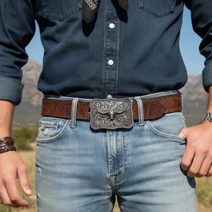 Herren Schnalle Silber Metall Stier Quadrat Western Mode Texas Lang Horn Kuh TX Stil - Bild 1 von 18