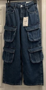 Zara High Waist Cargo Wide Leg Denim Jean Youth Size 11-12 NWT - Picture 1 of 8