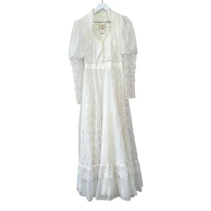 Vintage 1970s Gunne Sax White Lace Prairie Wedding Dress Size Medium - Picture 1 of 14
