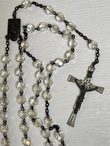 Catholic Rosary Clear AB Facetted Crystal Beads Silver Tone Crucifix 908 Italy - Picture 1 of 16