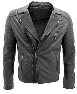Men's Black Slim Fit Brando Style Double Cross Zip 100% Leather Biker Jacket - Picture 1 of 7