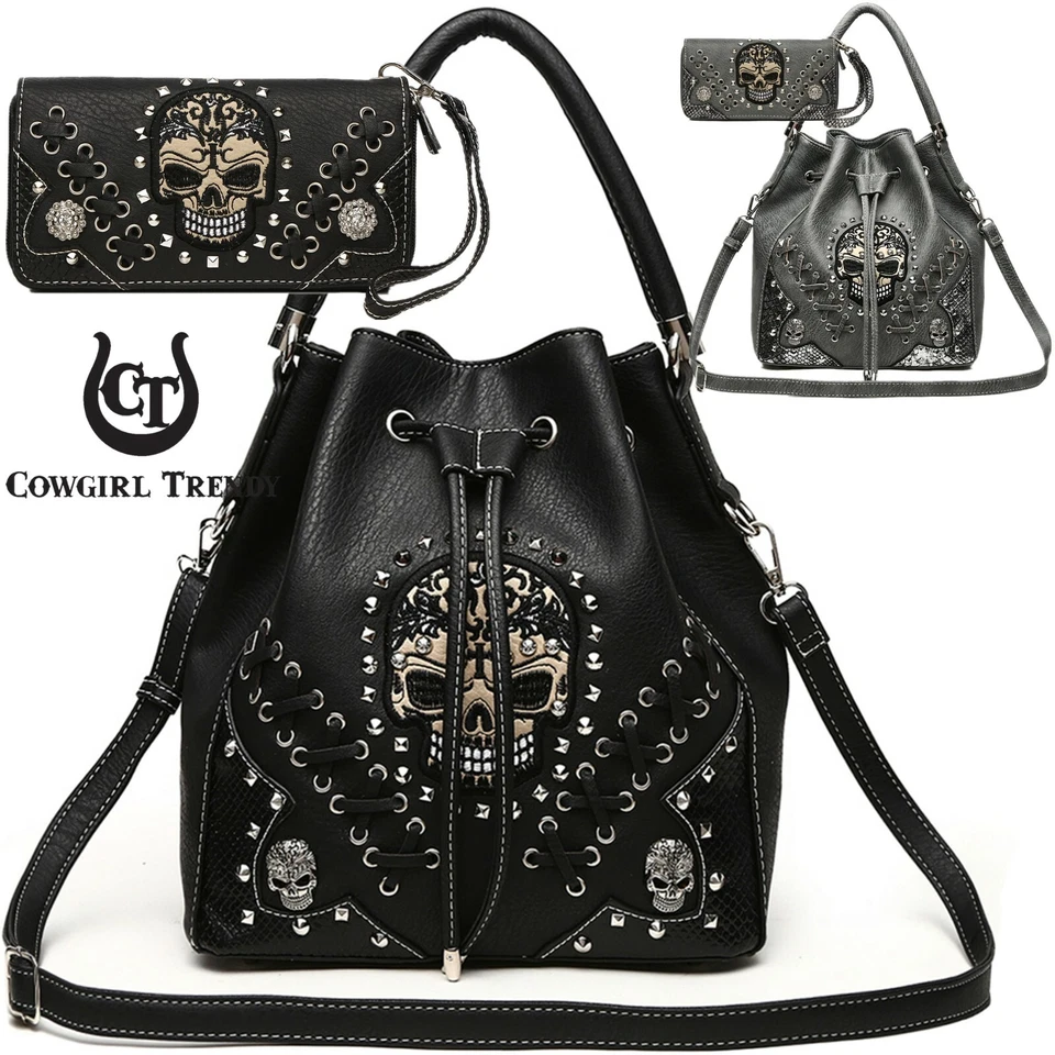 Sugar Skull Punk Handbag Studs Concealed Carry Purse Women Shoulder Bag Wallet - Image 1 of 1
