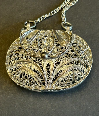 Vintage Silver Metal Filigree Purse Pendant with Chain - Image 1 of 4
