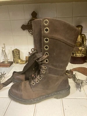 Dr. Marten Triumph Floral Fold- Over Lace Up Brown Tall Combat Boot RARE 8 US - Image 1 of 4