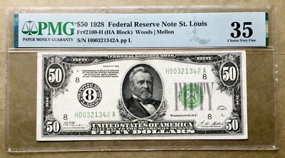 1928 $50 FRN ST. LOUIS FR 2100-H [] HA Block [] PMG 35 CVF [] SER# H 00321342 A - Image 1 of 3