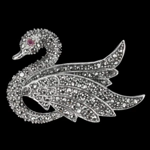 925 Plata de Ley Broche Redondo Rubí Marcasita Cisne Gema Natural Joyería - Imagen 1 de 10