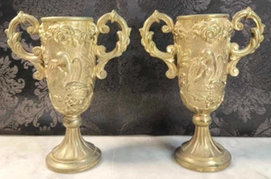 Paar Kelche Henkelschalen Messing Renaissance Stil Blumen und Vögel - Bild 1 von 8