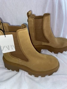 NWT Zara dark tan suede leather ankle boots sz 7.5US/38 NB NWT - Picture 1 of 6