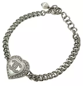 CHANEL CC Logo Rhinestone Pearl Heart Bracelet 7.5" Silver Tone B23B Auth - Picture 1 of 5