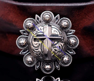 6X ANTIQUE SILVER CROSS BERRY LEATHERCRAFT SADDLES HEADSTALL CONCHOS SCREWBACK - Image 1 of 4