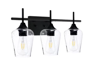 Merra 3-Light Black Bathroom Vanity Light with Seeded Glass Shades - Picture 1 of 6