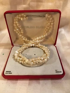 Vintage Fresh Water Pearl 3 Strand Necklace, Sterling Silver Clasp Necklace 18" - Picture 1 of 5