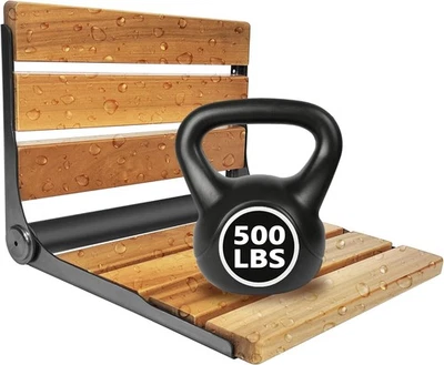 Asiento de Ducha Plegable Teca, Seguridad Baño Teca y Acero Inoxidable Negro  Foto 1 de 4