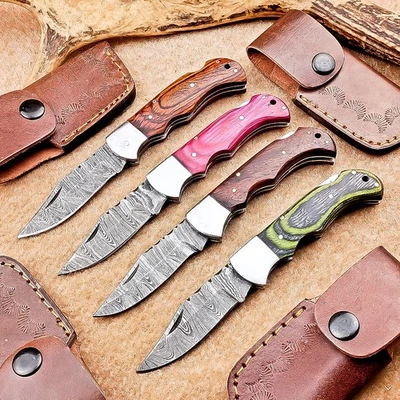LOT OF 4 PCS! Handmade Damascus Pocket Knives – Folding Knives, W/Sheath IT-2780 - Image 1 of 4