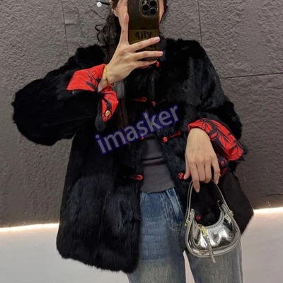 Abrigo de piel de conejo real reversible de doble cara estilo chino para mujer Foto 1 de 4