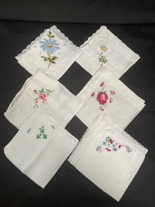 Lot of 6 Vintage Handkerchiefs ~Embroidered Floral ~ Lace & Scallop Edge - Picture 1 of 15