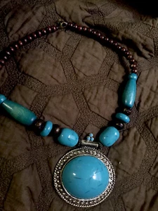 Halskette Mode hellblau Metall & Holz und Stein! Spaß - Bild 1 von 5