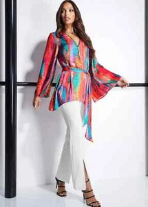 Size 12 - Julien Macdonald Print Stud Detail Belted Kimono Sleeve Satin Top - Picture 1 of 7