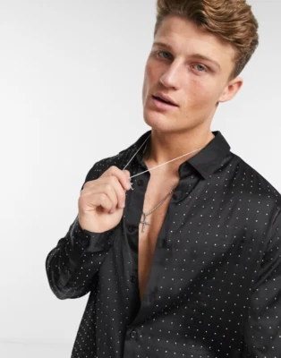 Men's Satin Shirt with Diamante Embellishment in Black Size Large - Image 1 of 4