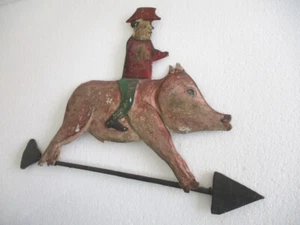 ANTIQUE OLD IRON MAN AND PIG WEATHER VANE EMBOSSED - Picture 1 of 7