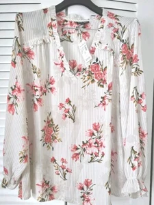 roz ali Damen Bluse Übergröße 2x beige gestreift/geblümt transparent V/Ausschnitt Rüschen - Bild 1 von 5