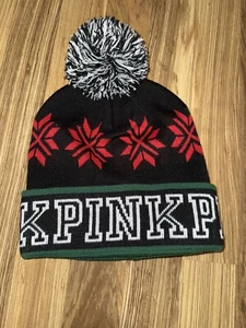 PINK Victoria's Secret Black Logo ONE SIZE Winter Ski Stocking Pom Pom Hat VS - Picture 1 of 4
