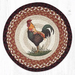 2 Braided Jute Round Stenciled Placemat/Trivet/Swatch.Earth Rugs. RUSTIC ROOSTER - Picture 1 of 1
