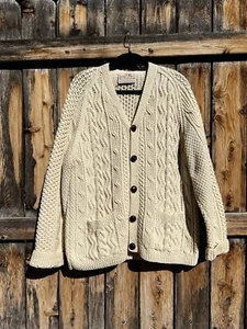 Vintage 1970s Irish Craft Hand Knit Wool Cable Cardigan Sweater Cream XL  - Picture 1 of 9