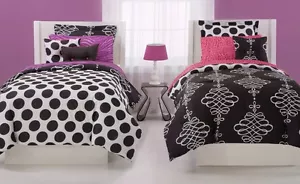 BLACK DOTS 7pc Full COMFORTER SET : TEEN GIRLS COOL WHITE OPPOSITES REVERSIBLE - Picture 1 of 2