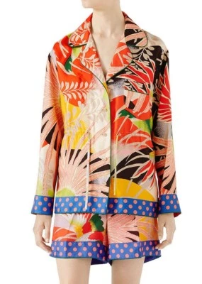 全新 正品 1900 美元 古驰花卉热带鸟丝绸抽绳睡衣衬衫 欧码 36 — 第 1/4 张图片