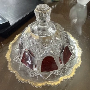 Antique Glass Dome Lid Butter Dish Ruby Stained & Gold 8” - Picture 1 of 11