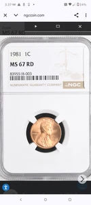 1981 P Lincoln Cent NGC MS 67 RD MS67RD - Picture 1 of 4