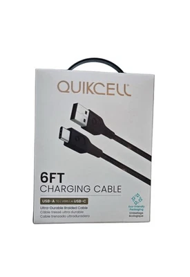Quikcell 6Ft Braided USB A to USB C Charging Cable - Black NWT - Image 1 of 2