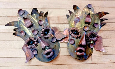 Pair Brass Abstract Face Wall Masks Brutalist Welded Metal Art - Image 1 of 4
