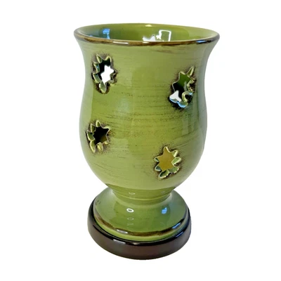 Candelabro votivo de cerámica vintage verde marrón base hojas recortes 5" x 3" MCM Foto 1 de 4