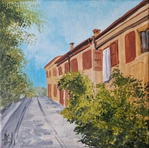 Original oil painting summer cityscape Italian town peaceful houses 8x8" - Picture 1 of 8