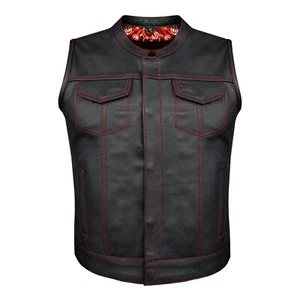 Premium Black Women's Leather Vest Biker Red Thread Paisley Lining Waistcoat - Picture 1 of 6