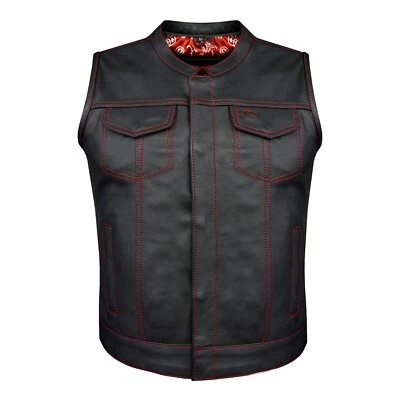 Premium Black Women's Leather Vest Biker Red Thread Paisley Lining Waistcoat - Image 1 of 4