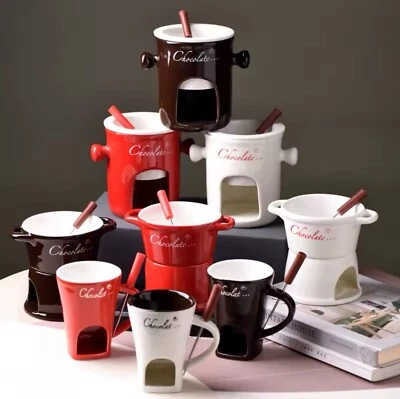 Ceramic Melt Mug: Fondue Cup with Fork, Candle Placement Chocolate Cheese Butter - Image 1 of 4