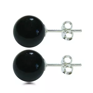 Sterling Silver 8mm Natural Black Onyx Ball Stud Earrings Very High Quality - Picture 1 of 7