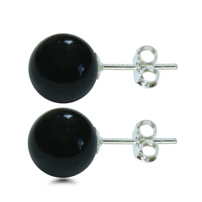 Argento Sterling 8mm Naturale Onice Nera Sfera Orecchini a Lobo Molto di Qualità - Immagine 1 di 4