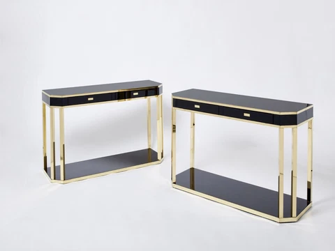 Pair of Jean-Claude Mahey black lacquered brass console tables 1970s Cover