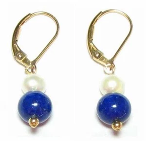 Pendientes traseros de palanca de cuentas de perlas y lapislázuli blancos genuinos oro amarillo o plata 14K - Imagen 1 de 2