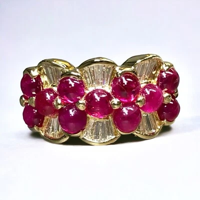 Estate 18K Yellow Gold Cabochon Ruby Baguette Diamond Cocktail Band Ring 5.44ctw - Image 1 of 4