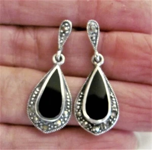 Vintage Dee Berkley Schmuck DBJ schwarzer Onyx Sterling Markasiten Ohrhänger 1 3/8" - Bild 1 von 4