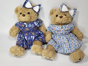 1997 Build a Bear lockiger zotteliger Teddybär Plüsch Zwillinge Baumwolle Kleider & Schleifen - Bild 1 von 20