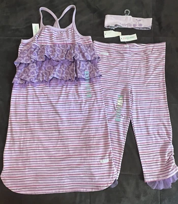 NWT New 3pc NAARTJIE Girls Maxi Dress Capri Headband Sz 9 Purple Delight Stripes - Image 1 of 4