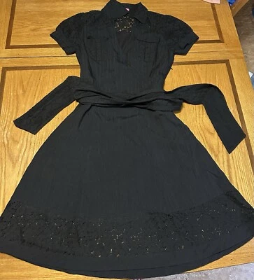 BCBGirls Women’s Shirt Dress Black Collared Front Pockets Lace Trim Size Medium - Image 1 of 4